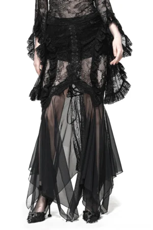 Gothic black high-low lace skirt with sheer mesh panels front quarter view on model