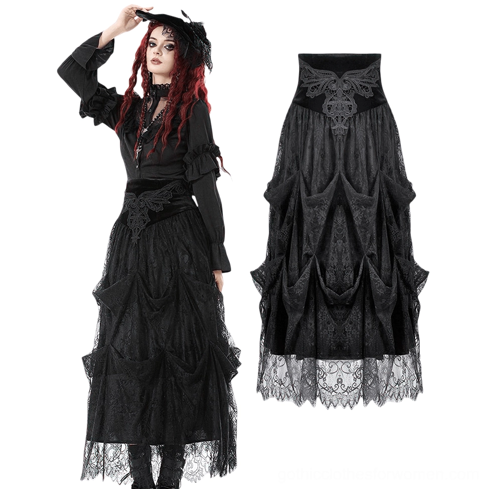 Black tiered lace victorian maxi skirt split view showing model styling and flat lay product display with embroidered waist detail