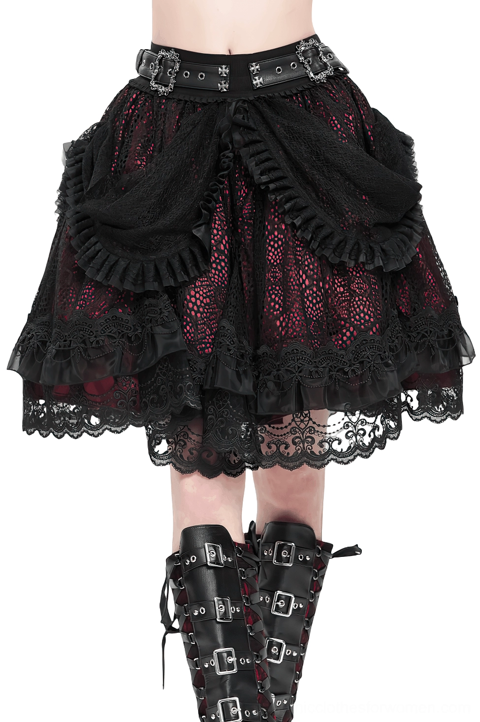 Black lace gothic skirt with red layered underskirt worn by model with boots, front view showcase of Victorian-inspired ruffle design
