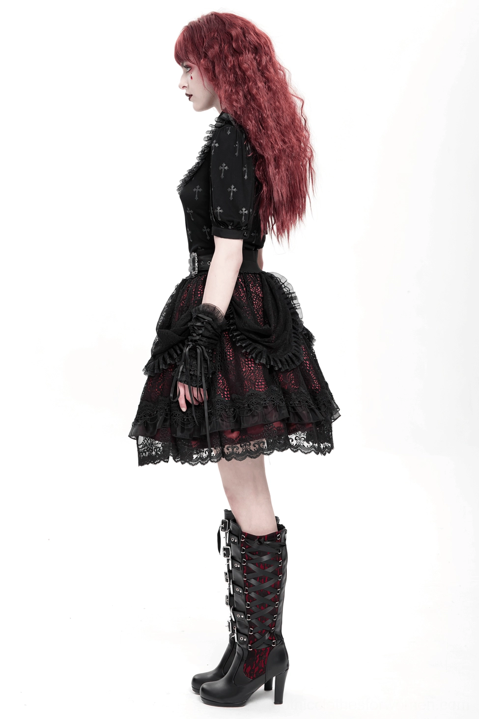 Black lace gothic skirt layered design with prominent statement belt and Victorian-inspired proportions