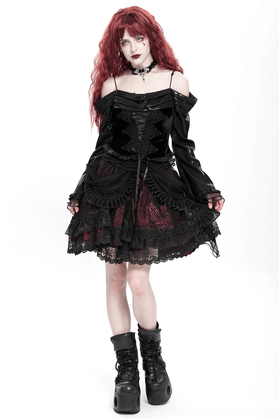 Detailed texture of black lace gothic skirt showcasing fine lace work and scalloped hem finishing