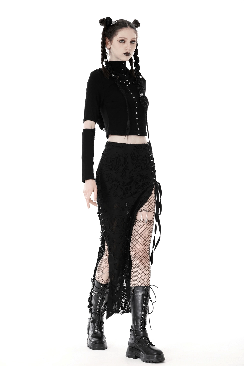Black gothic lace maxi skirt detail view highlighting waistband and upper lace panel construction quality