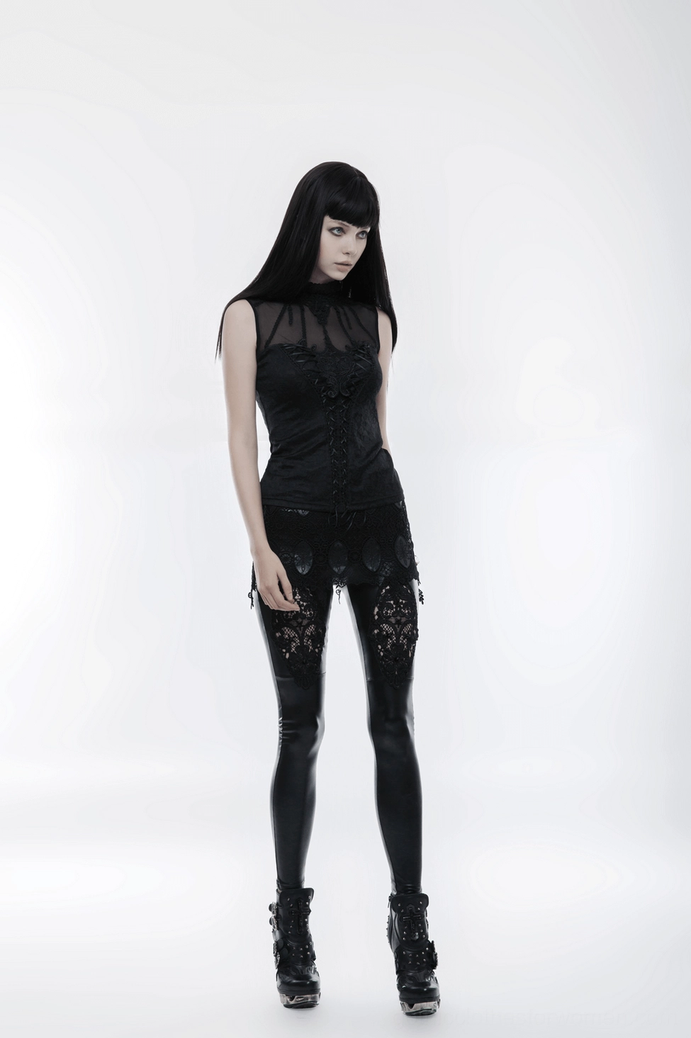 Black lace gothic tank top with keyhole back cutout and sheer mesh panels, alternative fashion gothic clothing piece