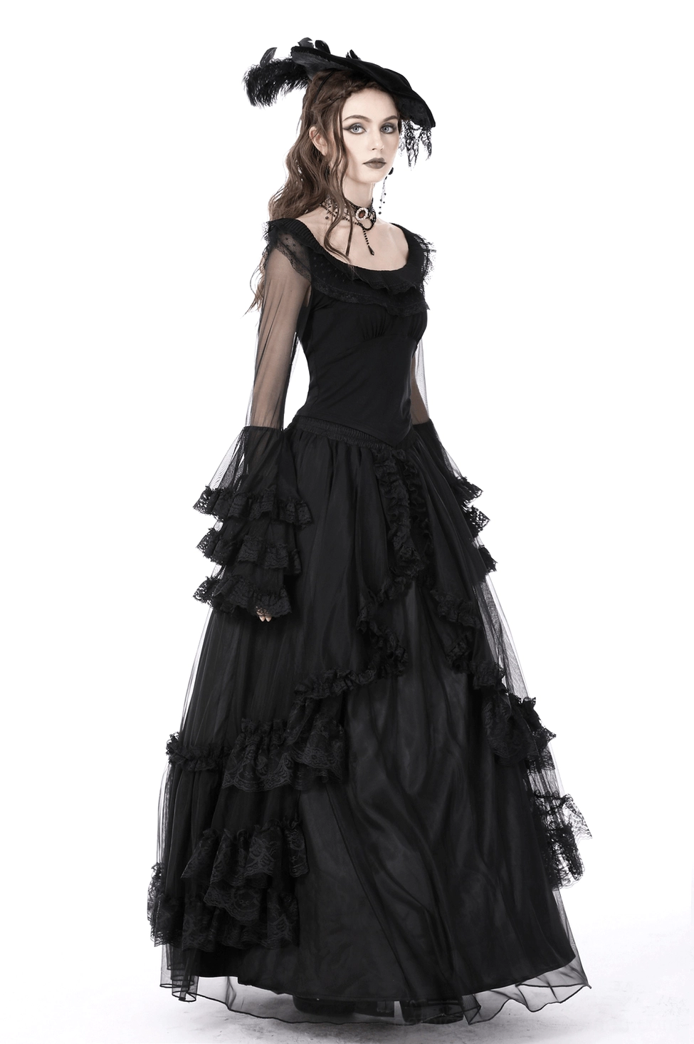 Alternative fashion styling with black lace bell sleeve gothic top - event wear