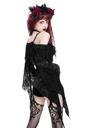 Black lace off-shoulder gothic top asymmetric hem back three-quarter view