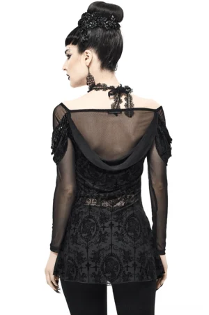 Black gothic lace off-shoulder top back view, showing sheer mesh panel and embroidered details from behind