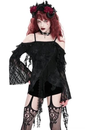 Black lace off-shoulder gothic top with bell flare sleeves front view on model