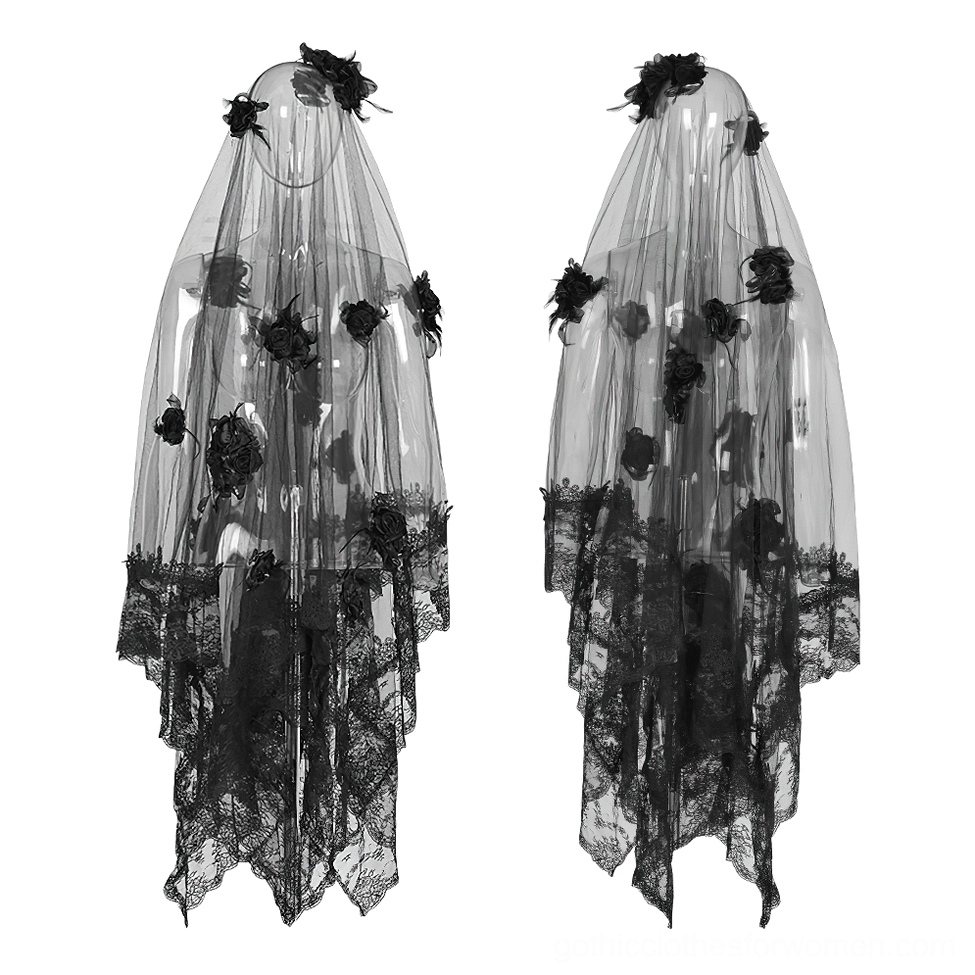Black lace wedding veil on mannequin showing irregular scalloped hem and dimensional 3D rose appliques