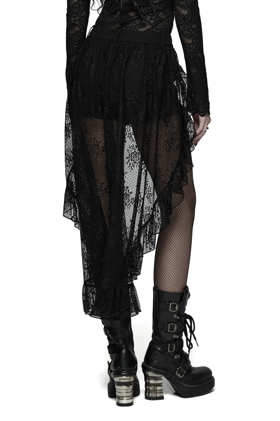 Black lace gothic shorts high-low train - rear view on model showing dramatic sheer lace overlay