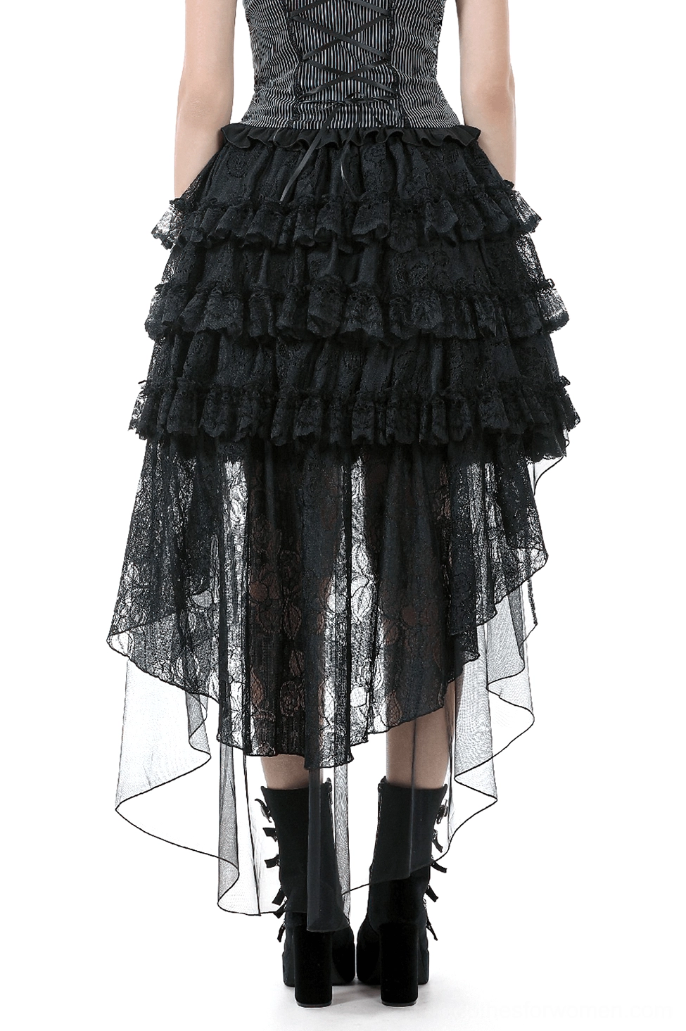 Black high-low tiered ruffle skirt back view, showing long sheer tulle train and lace underlayer