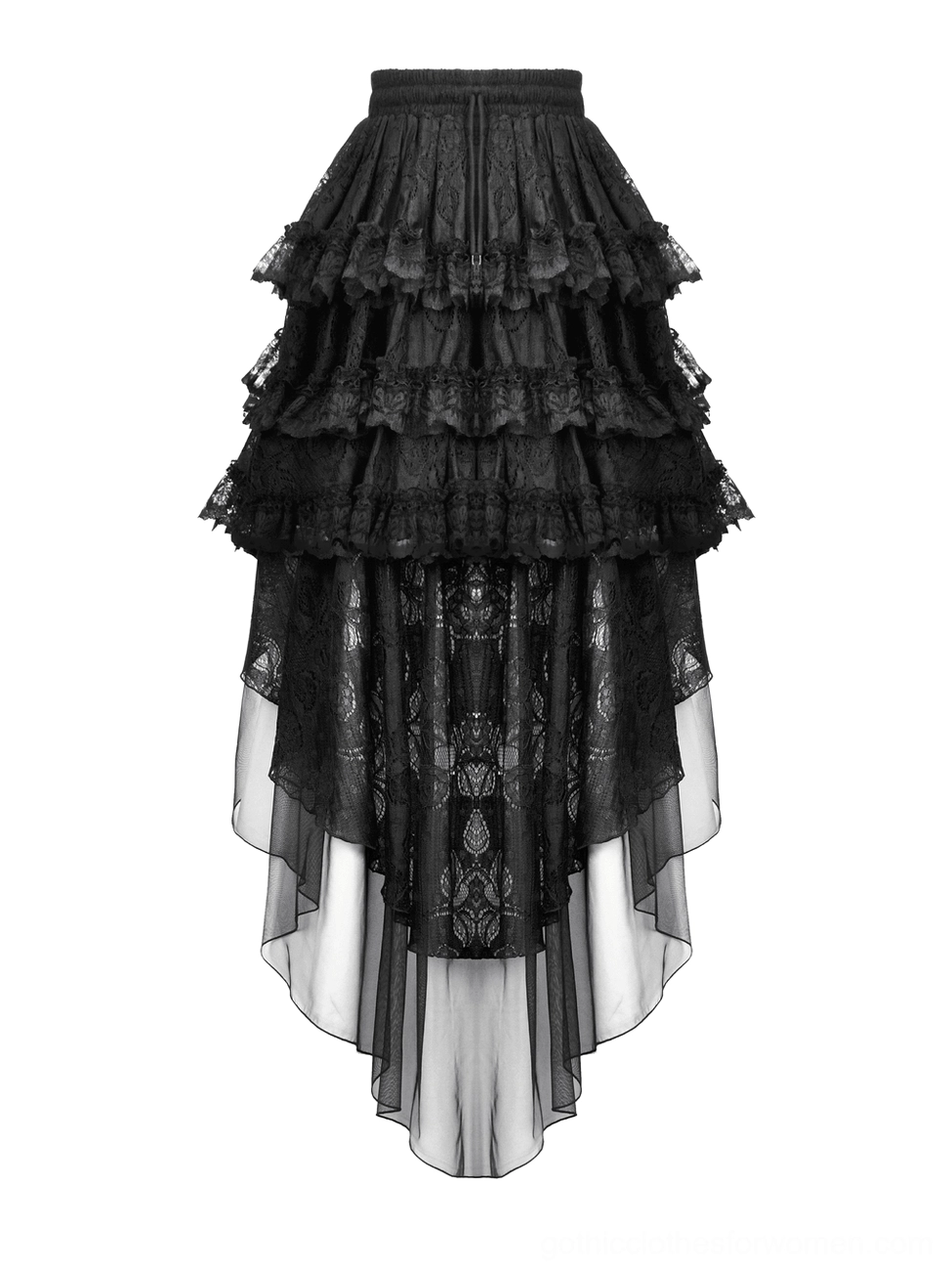 Flat lay top-down rear view of black high-low ruffle skirt showing tiered lace ruffles