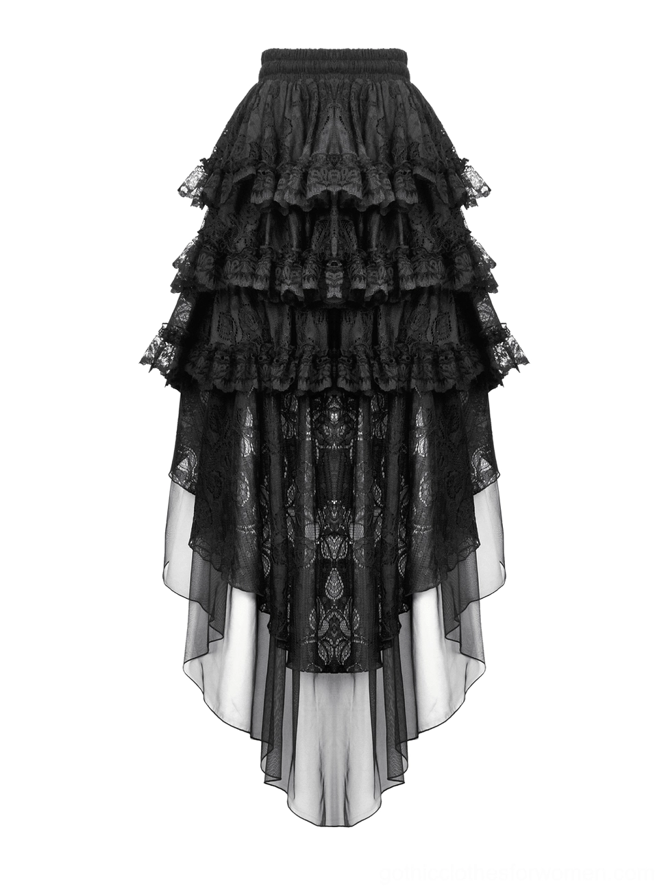 Flat lay top-down front view of black high-low skirt with patterned sheer tulle underlayer
