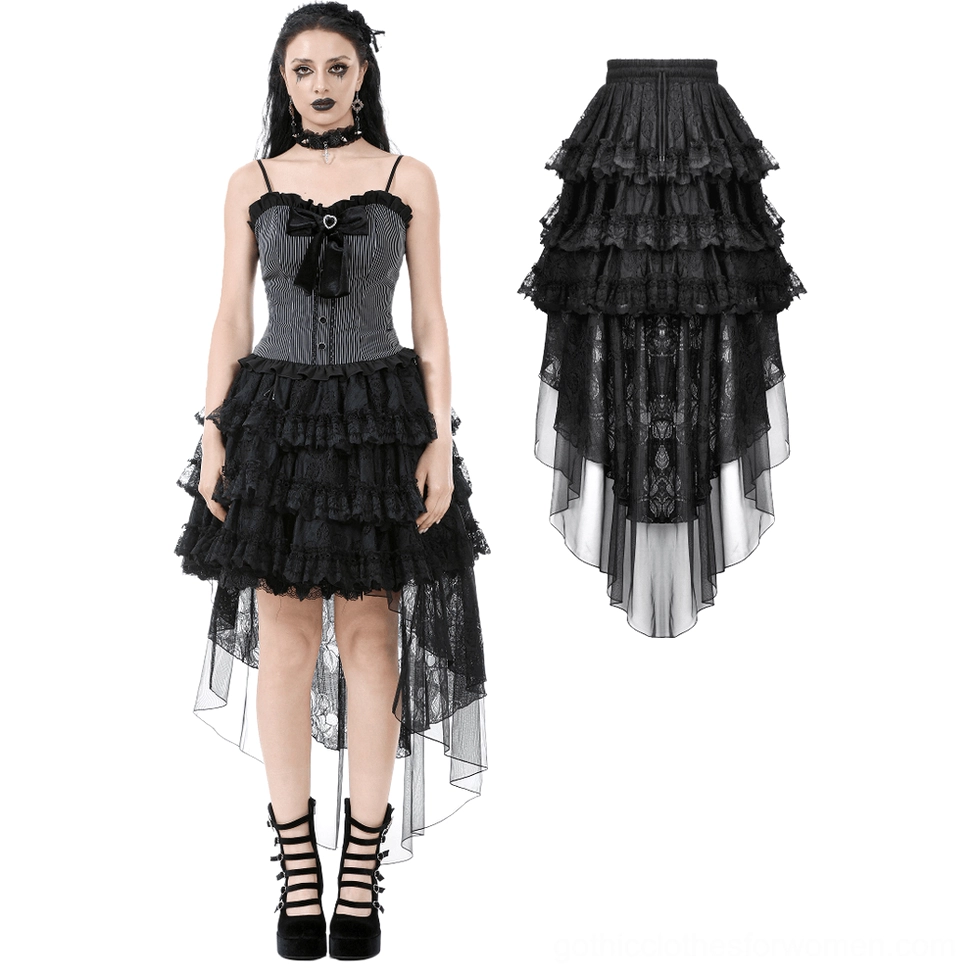 Black lace ruffle high-low skirt full front view with bow detail and sheer tulle layers