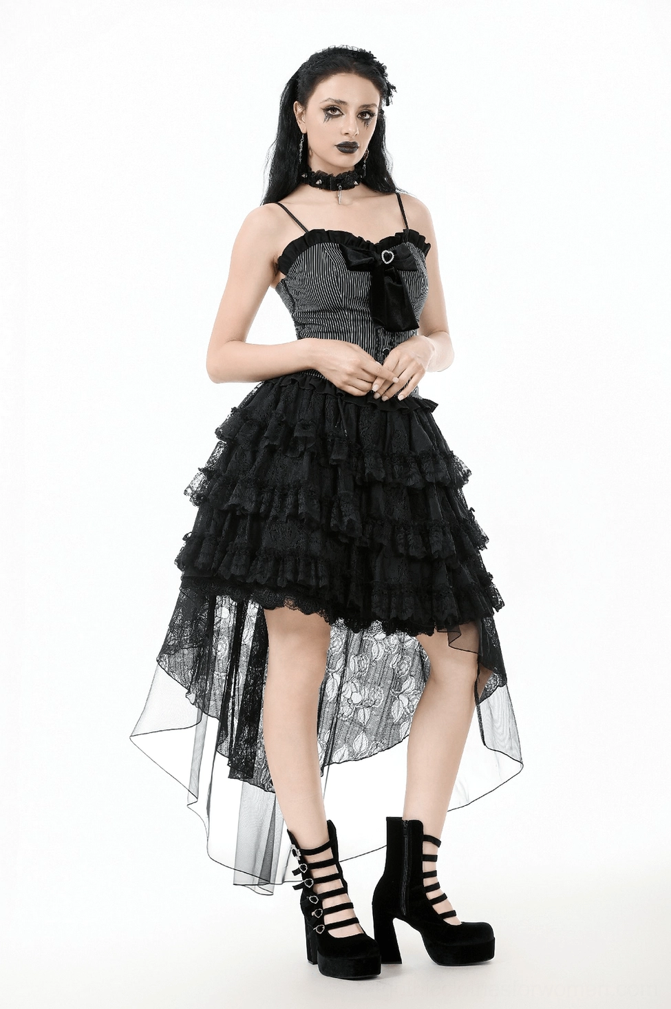 Black lace high-low ruffle skirt front view displaying full ruffle construction and hem