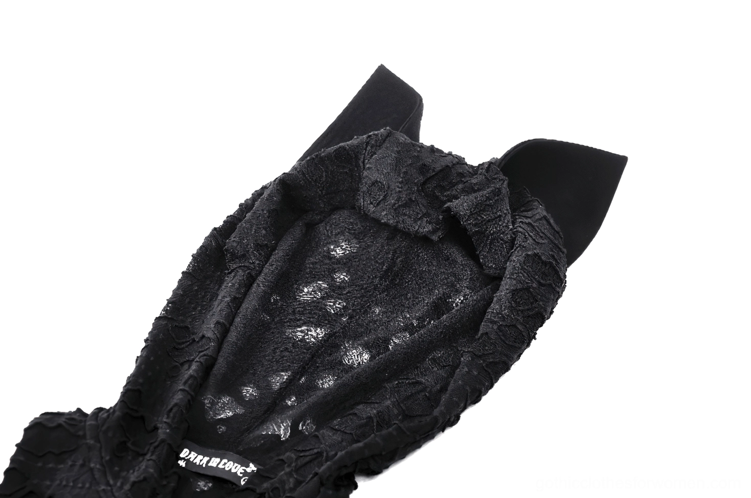 Rear flat lay view of black lace gothic hooded dress showing cat-ear hood and full-length lace pattern design