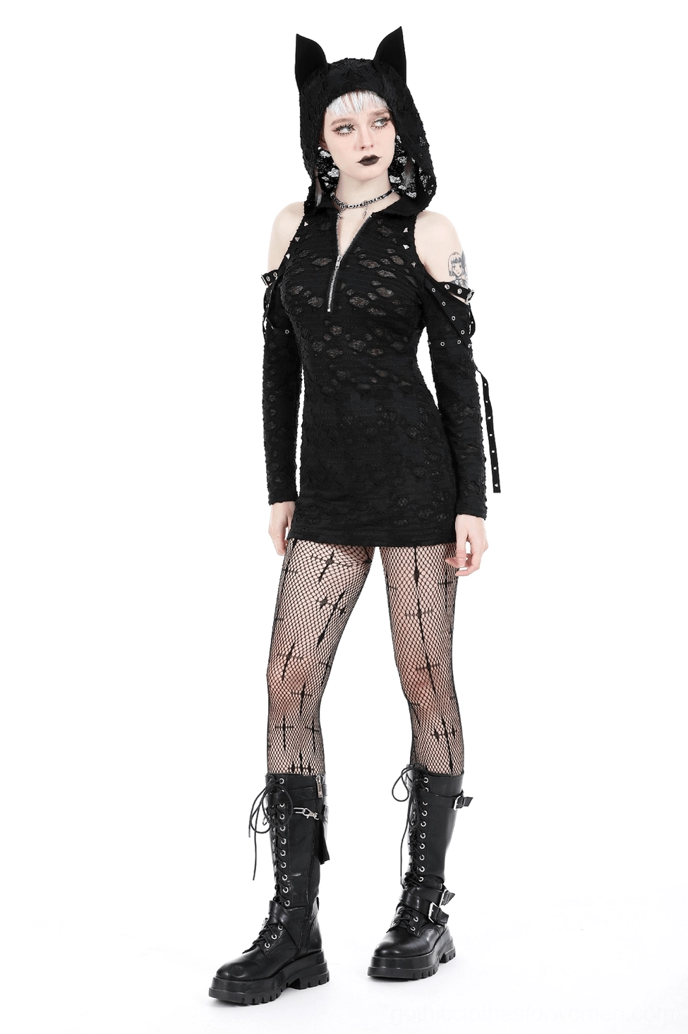 Black lace cold-shoulder hooded mini dress detail showing the geometric lace construction and hood design elements