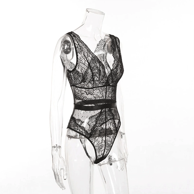 Black lace gothic jumpsuit on clear mannequin, side view showing fitted silhouette and sheer lace fabric