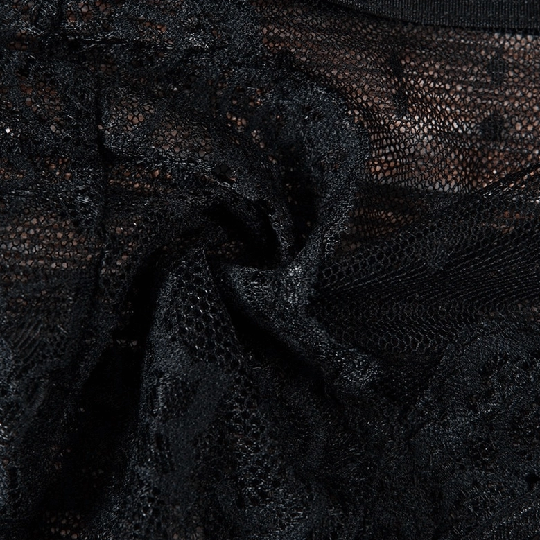 Black lace gothic jumpsuit detail shot showing waist band, lace construction, and garment craftsmanship