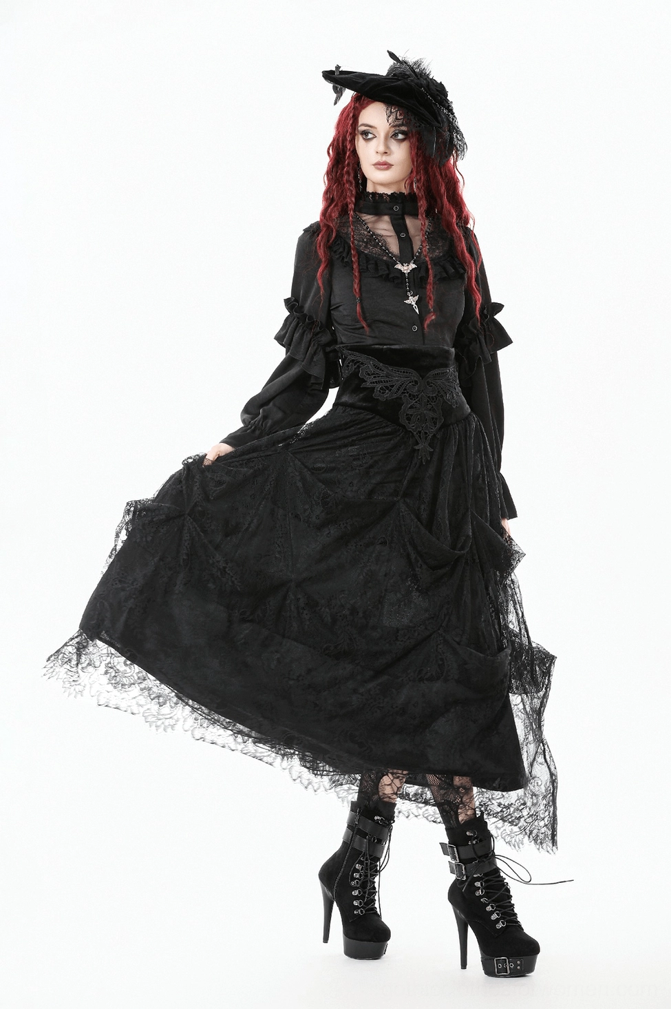 Black lace long skirt product display showing full tiered construction and alternative fashion styling potential