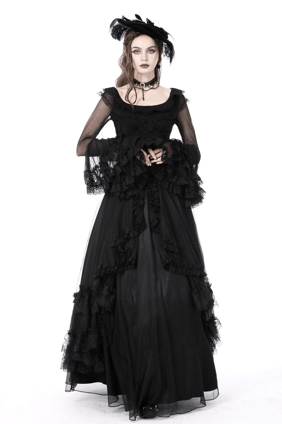 Long sleeve black lace gothic top detail shots showing ruffles and mesh overlay
