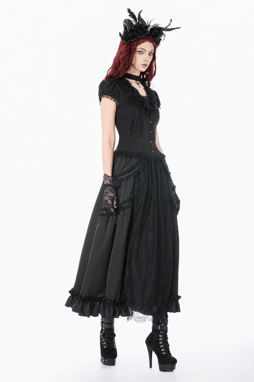 Black gothic lace maxi skirt complete outfit potential showing alternative fashion versatility