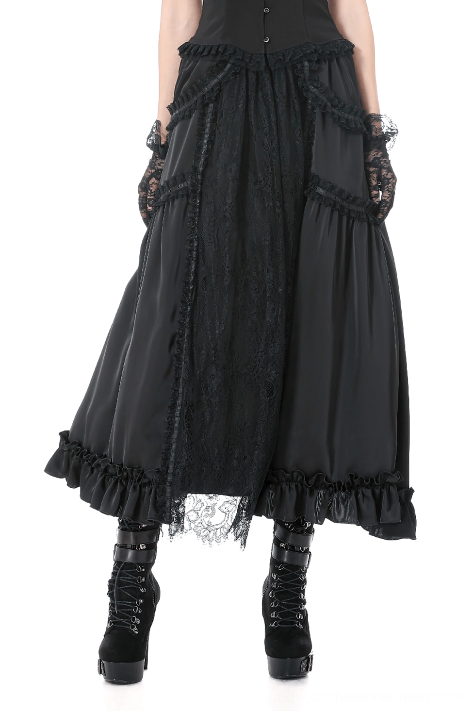 Black gothic lace panel maxi skirt front view with sheer lace overlay and ruffled hem, modeled by female in goth attire