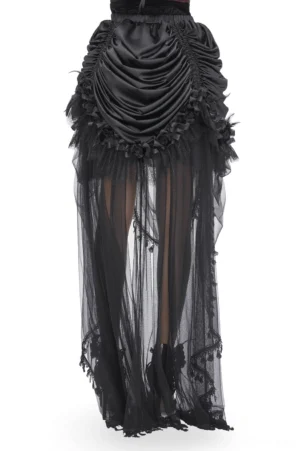 Gothic black lace maxi skirt with tulle overlay displayed on dress form mannequin, front view showcasing satin waist and mesh panel construction