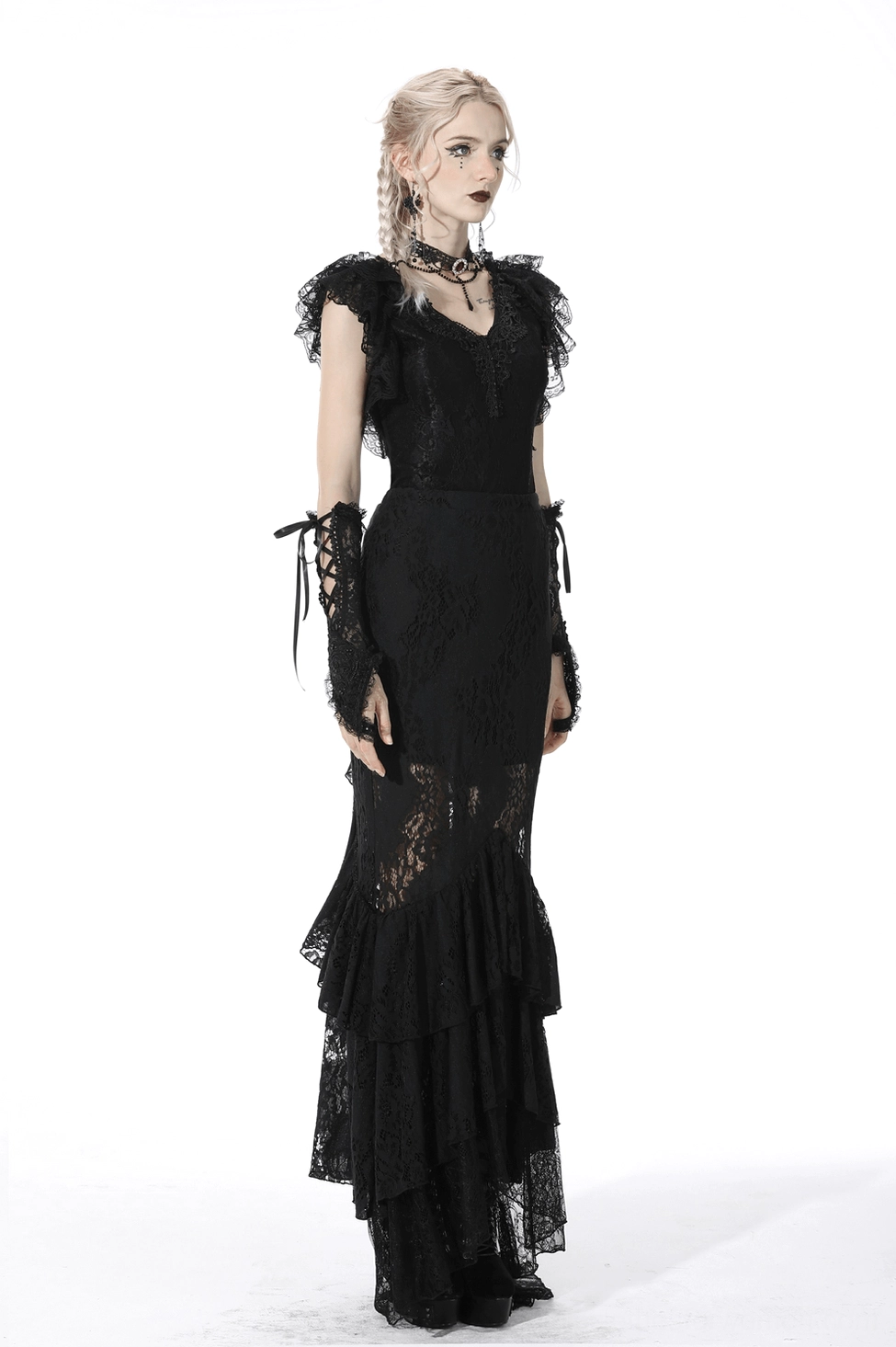 Black lace mermaid skirt back view on model highlighting ornate corset lacing and Victorian design elements