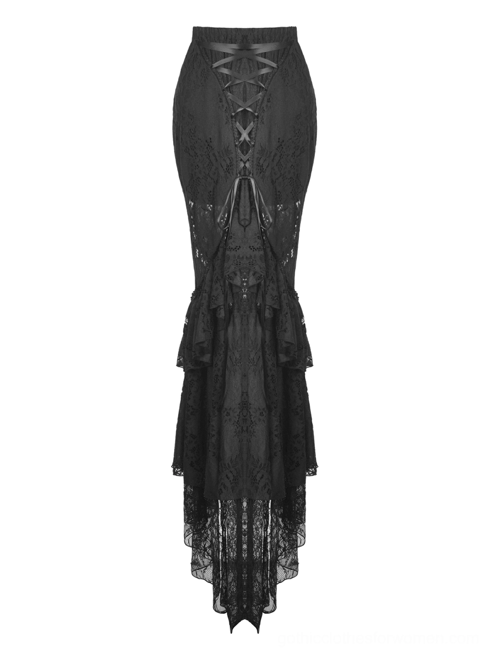 Black lace mermaid skirt flat lay back view showcasing corset lacing details and layered ruffle hem construction
