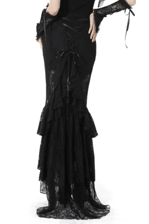 Black lace mermaid skirt back view featuring ornate corset lacing and layered ruffle hem details on model