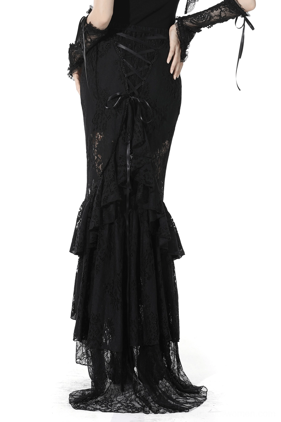 Black lace mermaid skirt back view featuring ornate corset lacing and layered ruffle hem details on model