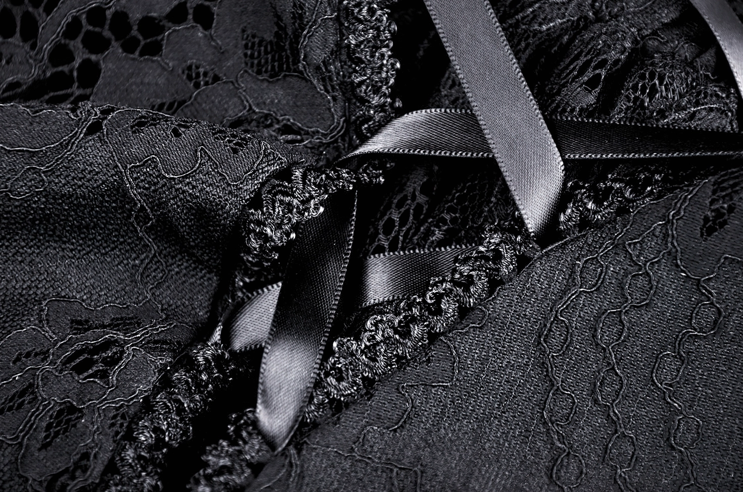 Close-up texture detail of intricate black floral lace with satin ribbon lace-up trim on gothic mermaid skirt