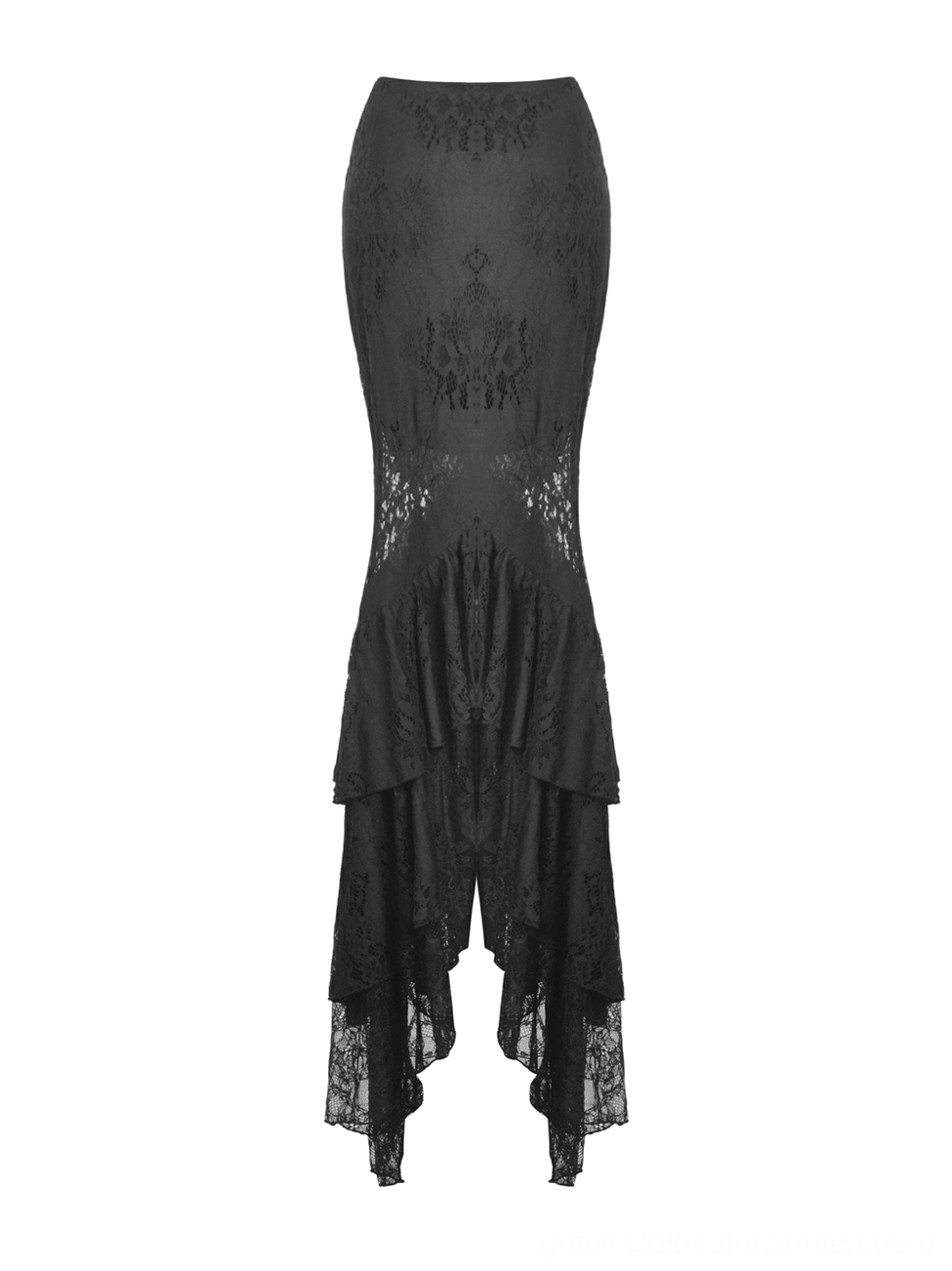 Black lace mermaid skirt flat lay front view displaying intricate floral lace panels and fitted bodice structure
