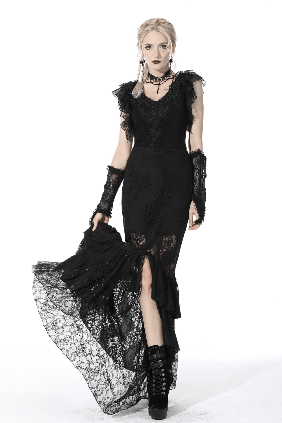 Black lace mermaid skirt comprehensive view showing layered ruffle fishtail hem and overall gothic aesthetic design