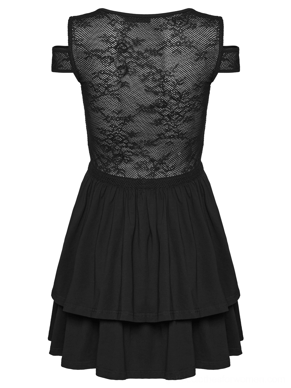 Back flat lay view of black lace mini dress with open back lace panel and cold shoulder straps