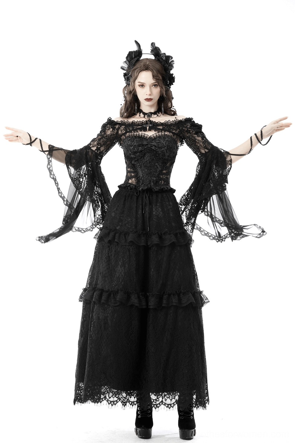 Black lace off-the-shoulder bolero, alternative gothic fashion wear styling suggestion and silhouette