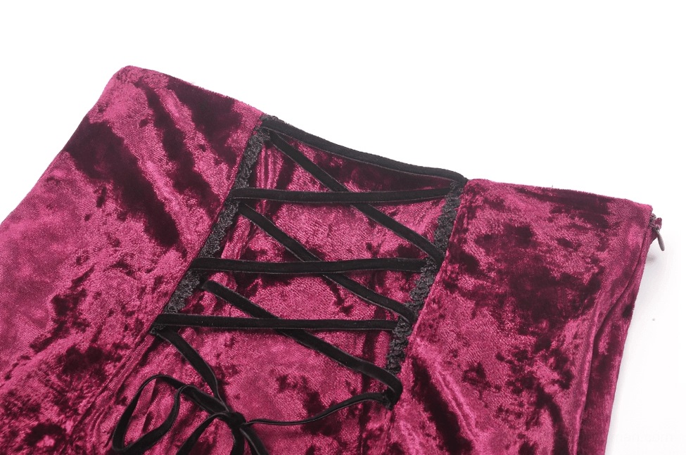 Black lace panel detail of burgundy gothic high-low skirt showing intricate Victorian lace pattern