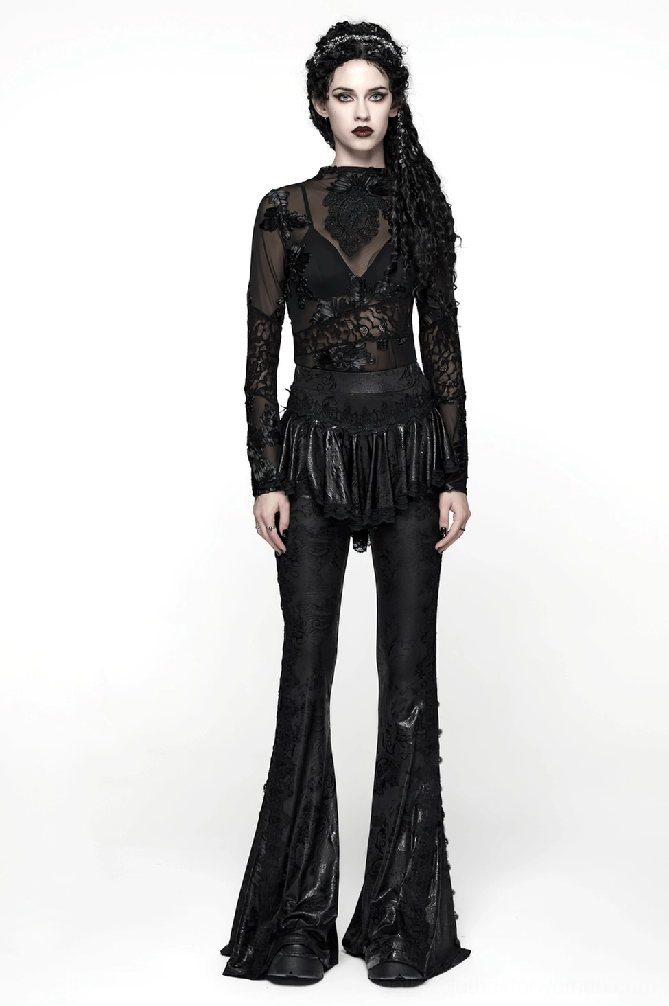 Black lace peplum gothic pants pocket detail utility feature