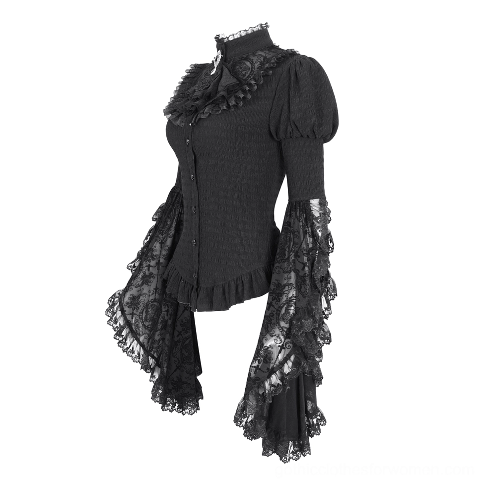 Black lace blouse featuring puff sleeves and flocked lace fabric with ruffled stand collar, side-front view