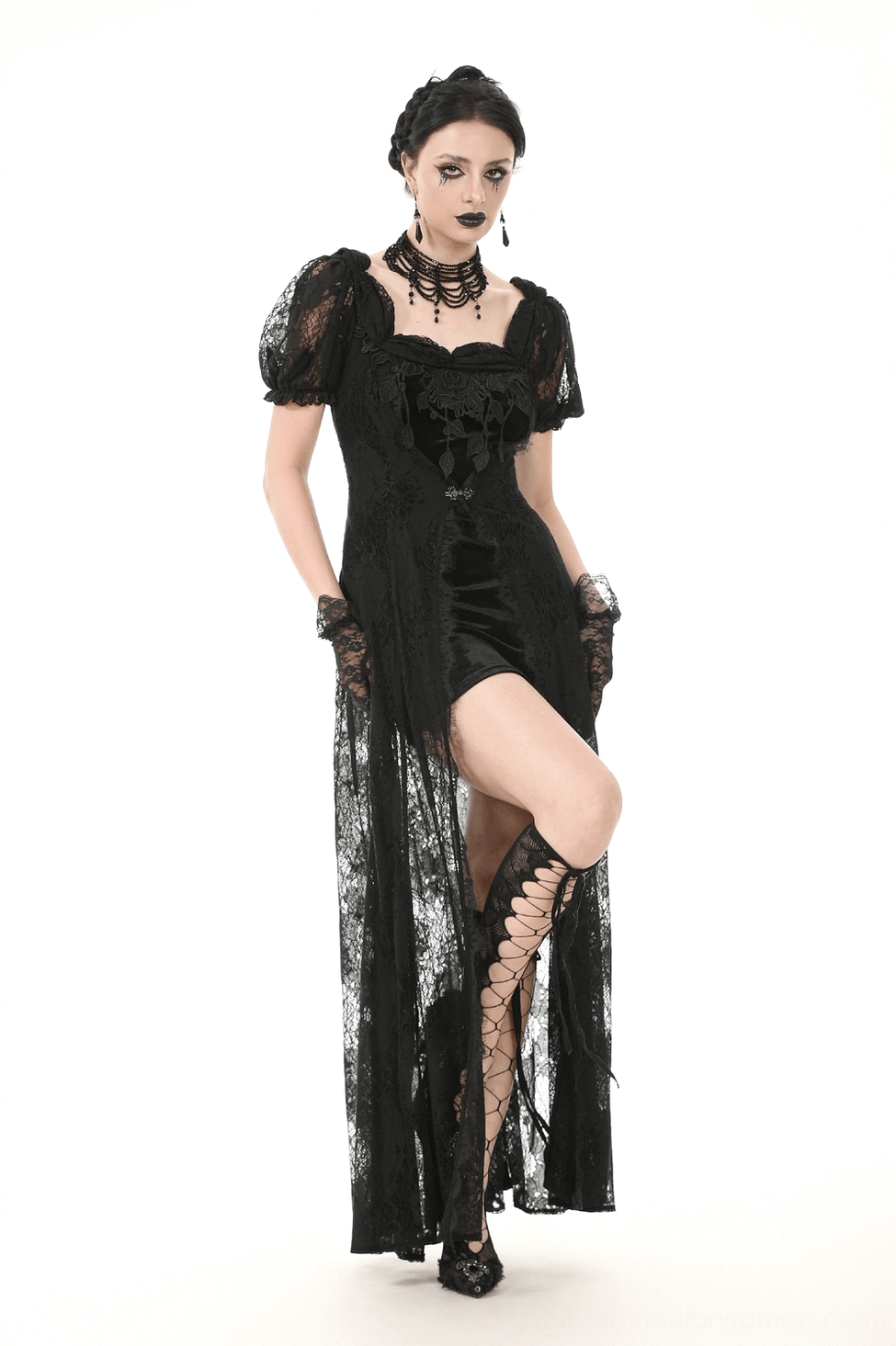 Black lace puff sleeve gothic maxi dress sheer fabric drape and movement