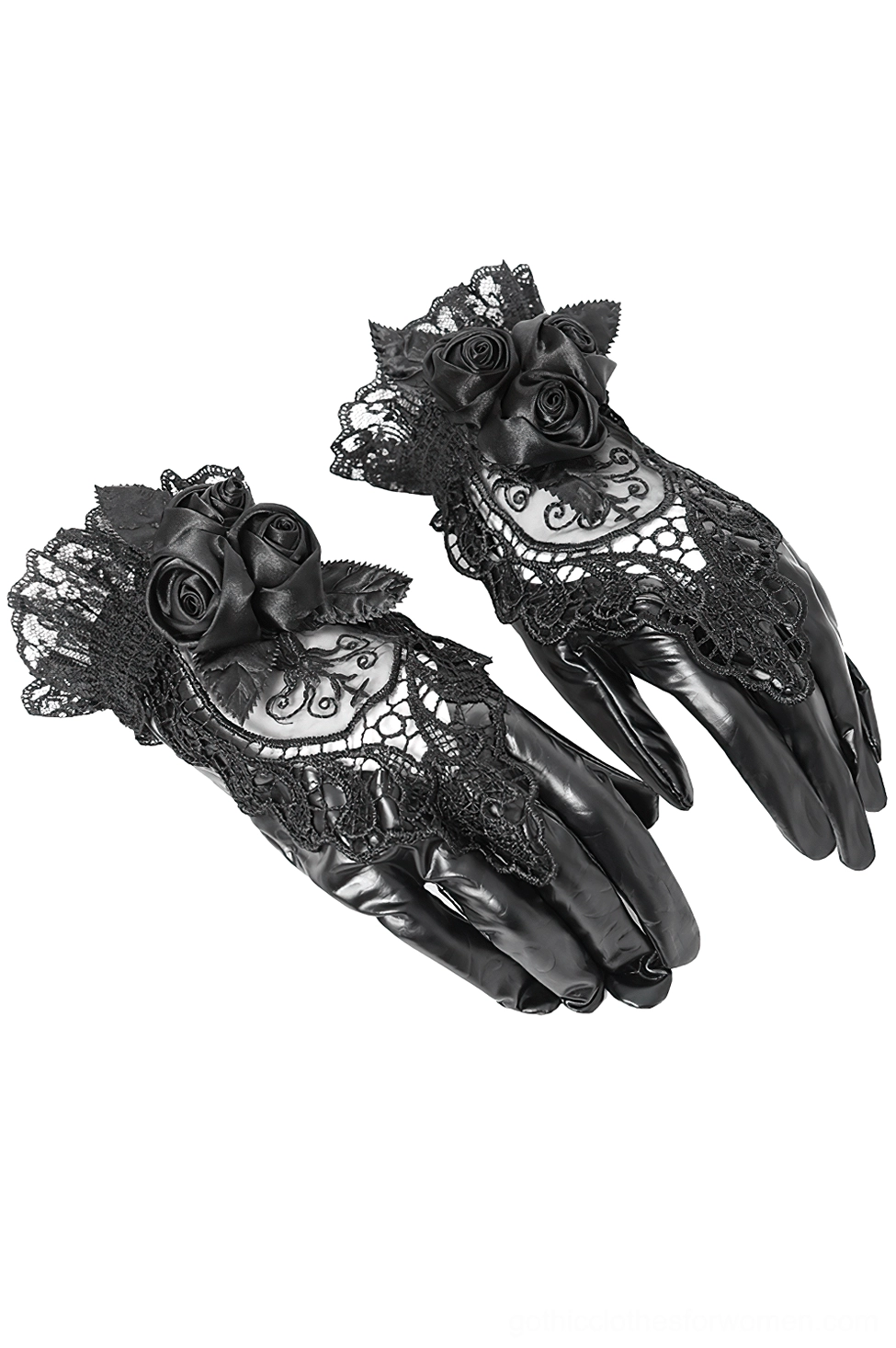 Black lace rose gothic gloves flat lay showing intricate lace detailing and satin rose embellishments