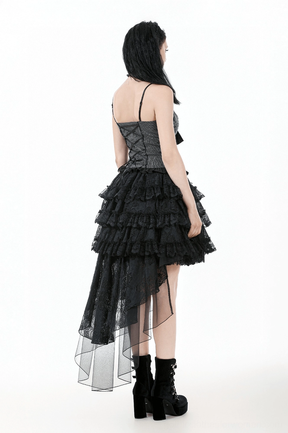 Black lace ruffle skirt with sheer tulle showing bow detail and upper ruffle design