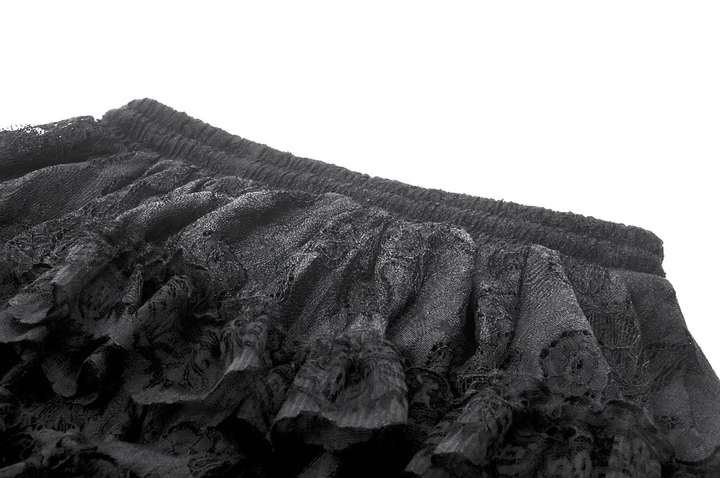 Close-up texture of black lace ruffle skirt showing textured layered trim and fabric weave