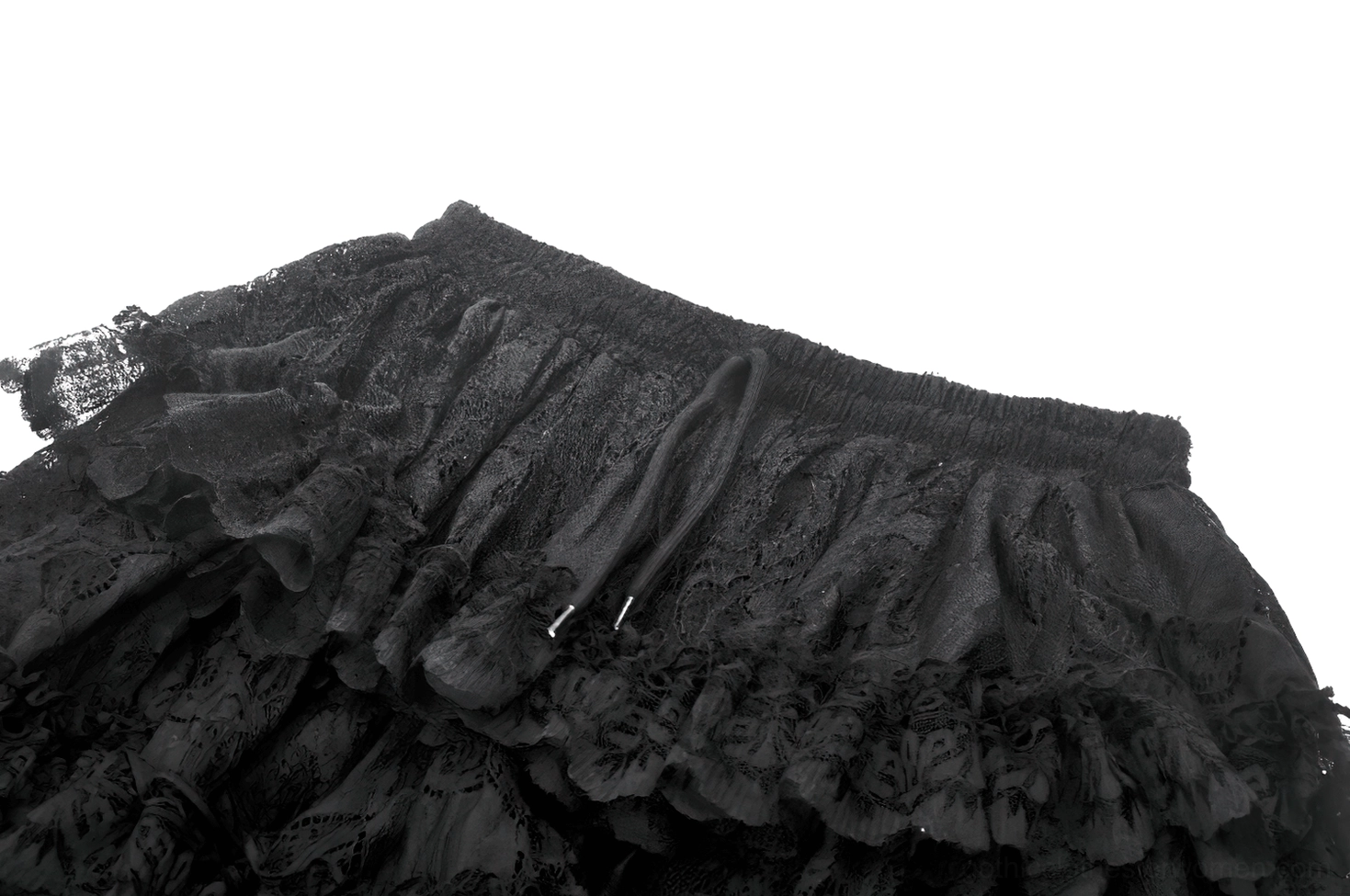 Close-up detail of black lace ruffle skirt waist with elastic drawstring and upper ruffle trim