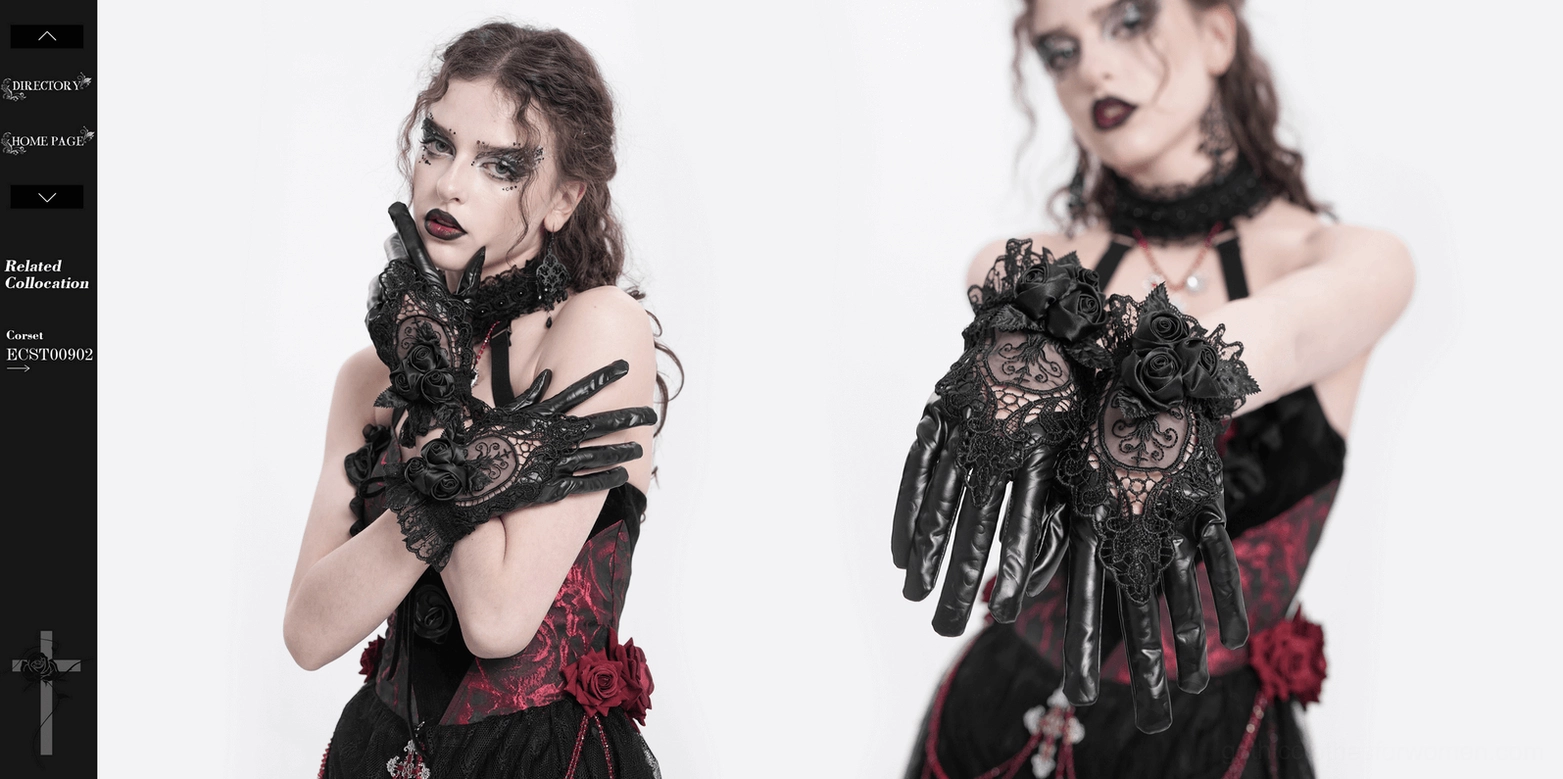 Black lace satin rose gothic gloves final product showcase all size options
