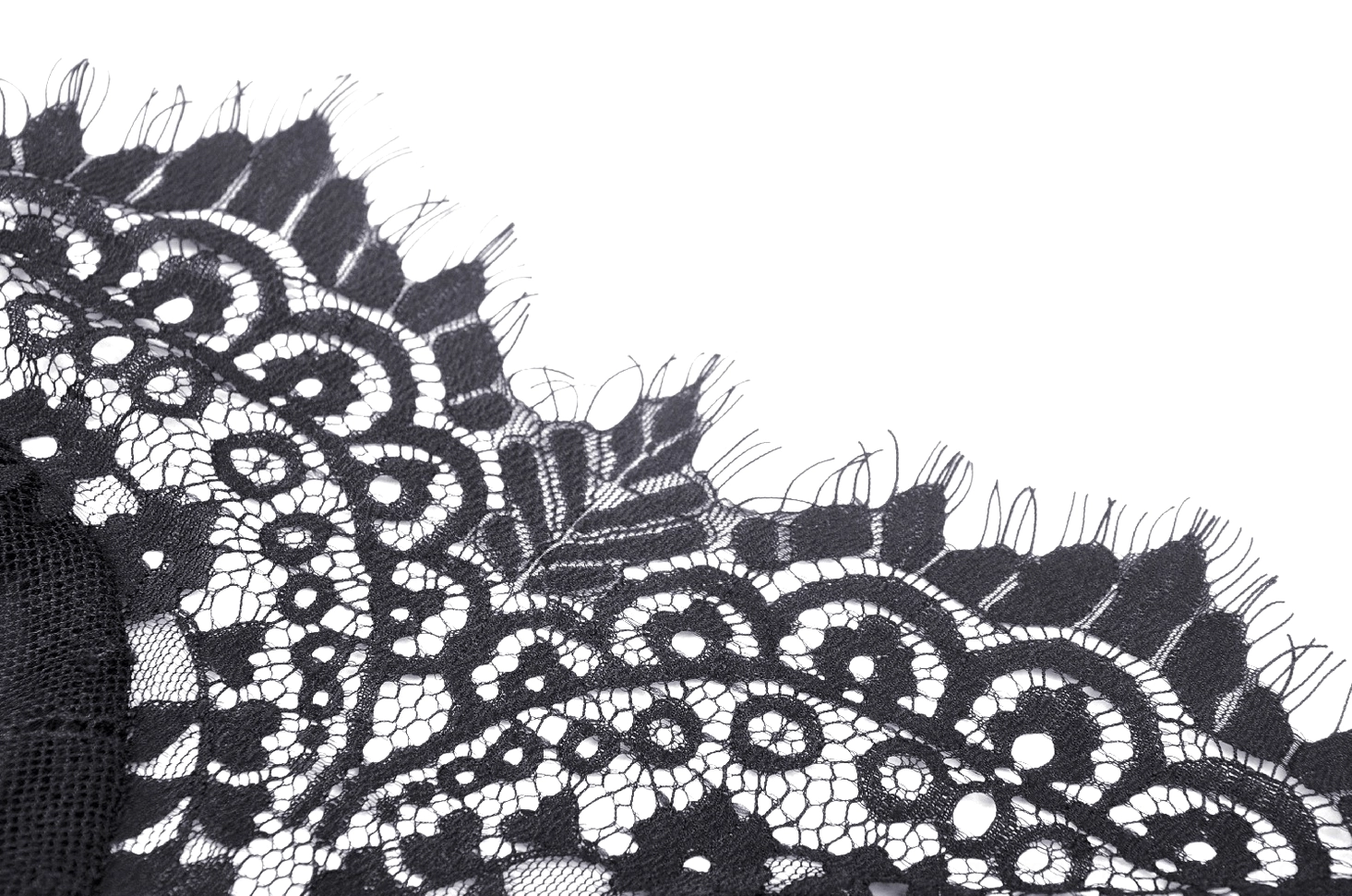 Close-up detail of scalloped eyelash black lace edge on gothic evening gown fabric