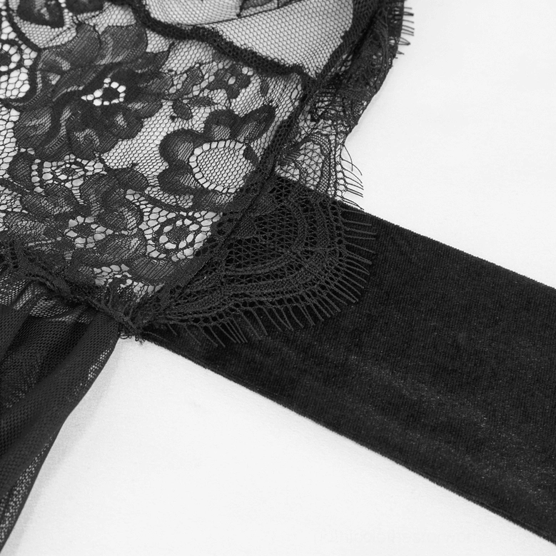 Black lace seam with eyelash edge trim and satin fabric band detail