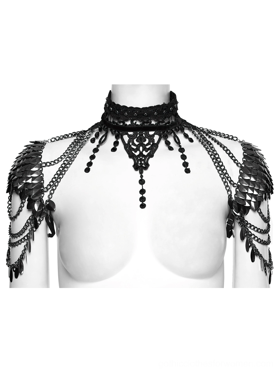 Black lace chain shoulder armor choker back view on mannequin displaying lace choker base and back chain shoulder decorations