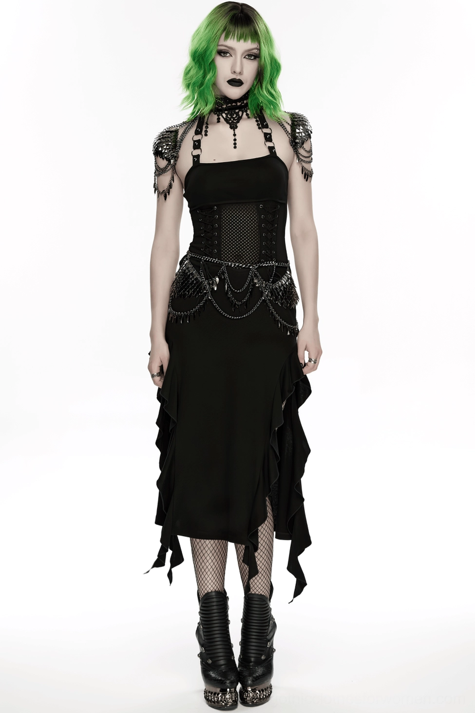 Black lace chain shoulder armor detail showing metal scale pieces and decorative chain layering arrangement