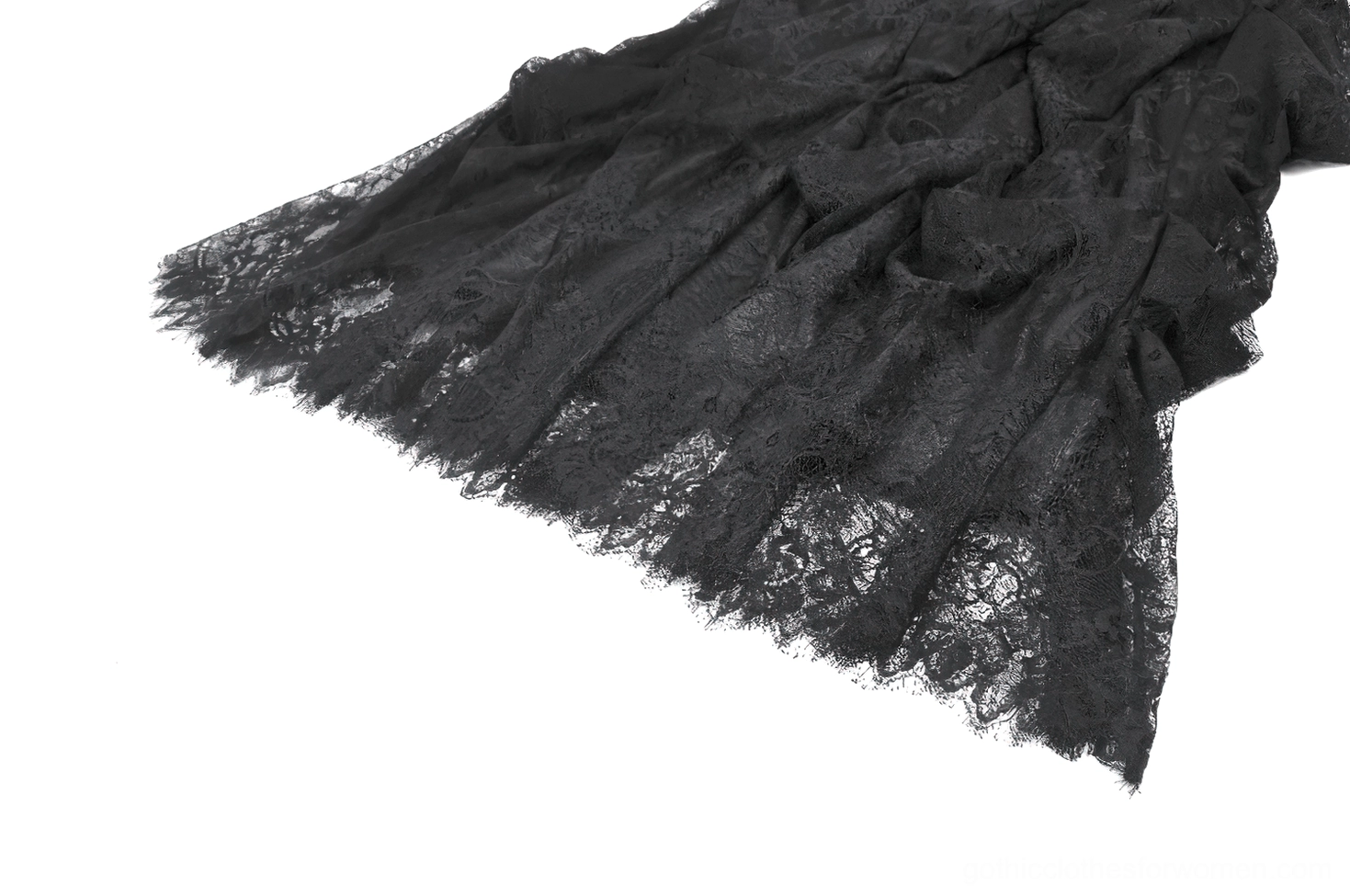 Close-up detail of black tiered lace maxi skirt hemline featuring ruffled lace panels and scalloped lace edge finishing